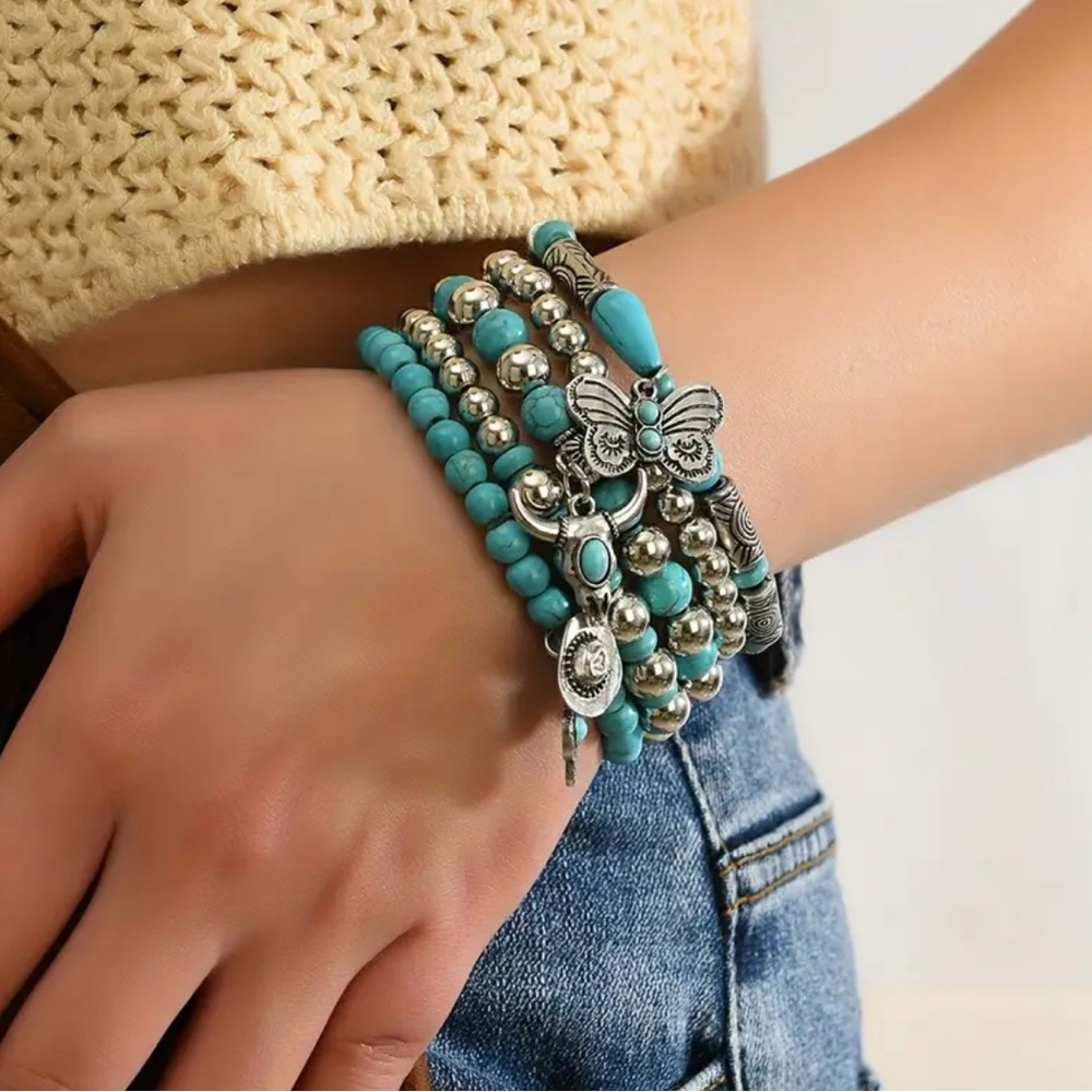 Boho Beaded Bracelet Set with Butterfly Charm - Picture 2 of 6